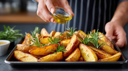 Chef's hand pouring olive oil on crispy golden roasted potato wedges with fresh rosemary herbsの素材