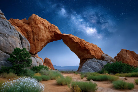 Milky Way illuminating a natural rock arch in a desert landscape at nightの素材