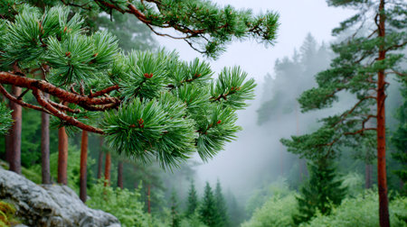 Pine needles on a branch with a misty evergreen forest and rock in the backgroundの素材