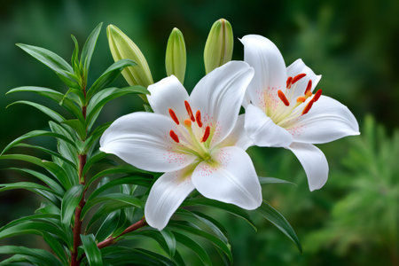 White lily flowers with vibrant orange stamens blooming in a lush green gardenの素材