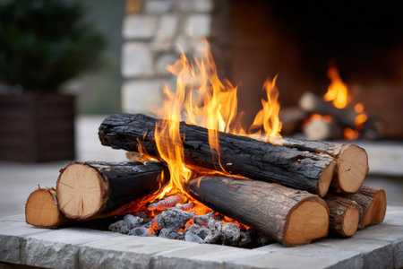 Logs burning in a stone fire pit producing warm flames and embersの素材