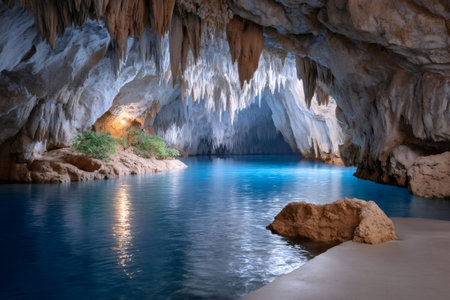 Cave interior featuring stalactites, rock formations, and clear blue waterの素材