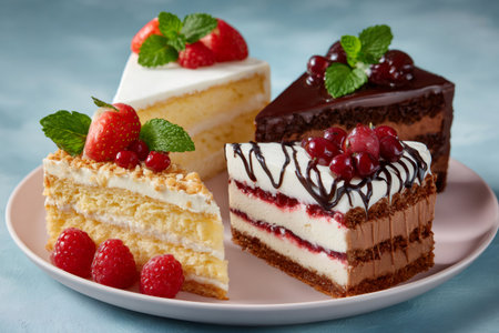 Assortment of gourmet cake slices featuring berries and chocolateの素材