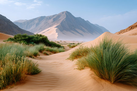 Desert valley featuring sand dunes, mountains, and sparse green plants under a clear skyの素材