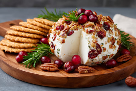 Savory holiday cheese ball appetizer with crackers, cranberries, pecans, and rosemary on woodの素材