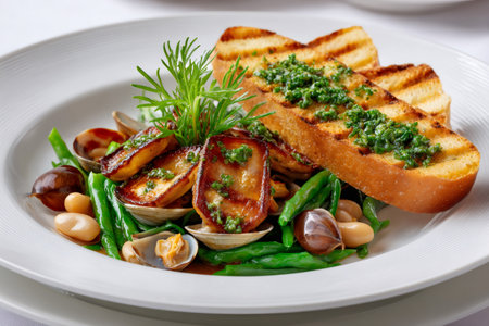 Seafood dish featuring grilled bread, clams, bacon, green beans, and white beans on a white plateの素材
