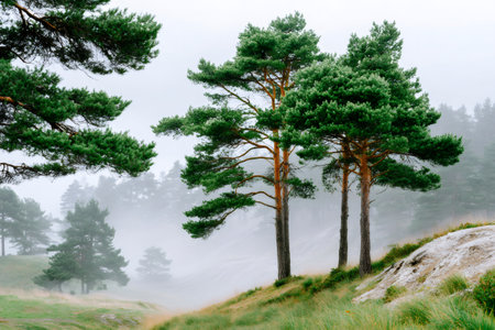 Pine trees emerging from a misty forest creating a tranquil natural landscapeの素材