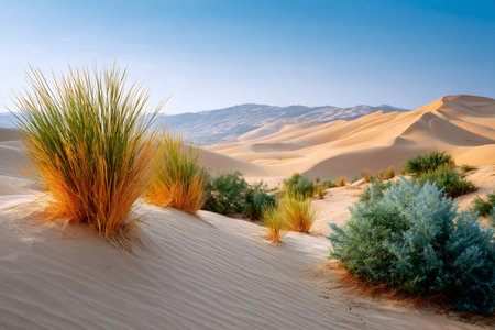 Desert plants growing on golden sand dunes under a clear blue skyの素材