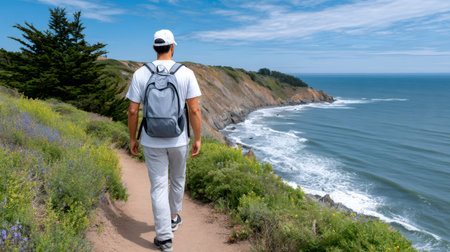 Man exploring cliffs and ocean on a scenic coastal hiking trailの素材