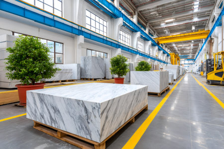 Marble blocks sitting on pallets ready for processing in a modern factory interiorの素材