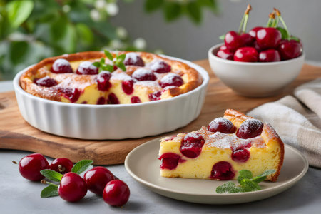 Whole cherry clafoutis with a slice served and fresh cherries on the sideの素材