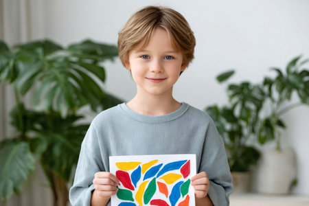 Young child holding up a vibrant abstract drawing, expressing happiness and creative developmentの素材