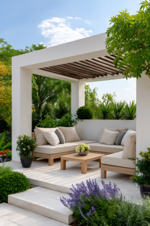 Patio area featuring modern outdoor furniture, a white pergola, and lush green plants creating a relaxing spaceの素材