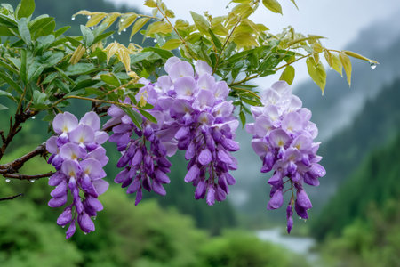 Wisteria flowers with raindrops foregrounding a blurred mountain and river landscapeの素材