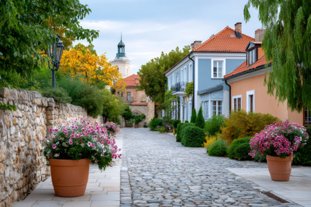 Cobblestone street winding between colorful houses and blooming flowers in an old townの素材