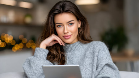 Woman portrait smiling at home while chilling and using a tabletの素材