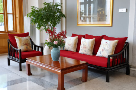 Living room interior with traditional Asian style furniture, red cushions, coffee table, and decorative vaseの素材