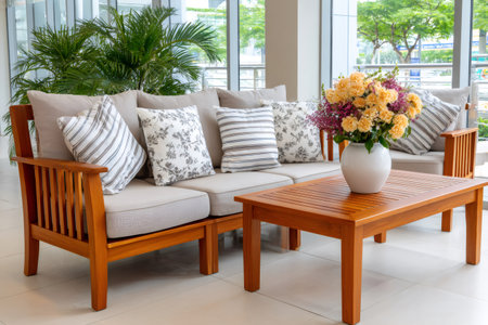 Stylish gray sofa and wooden coffee table decorating a bright indoor lounge areaの素材