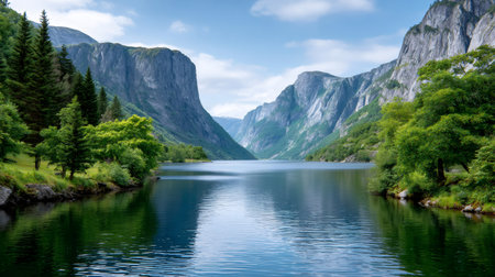 Fjord water reflecting steep mountains and lush green trees under a blue sky, creating a serene landscapeの素材