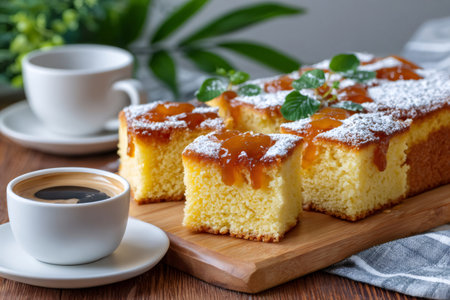 Sponge cake pieces topped with jam, powdered sugar, and mint, served with coffeeの素材