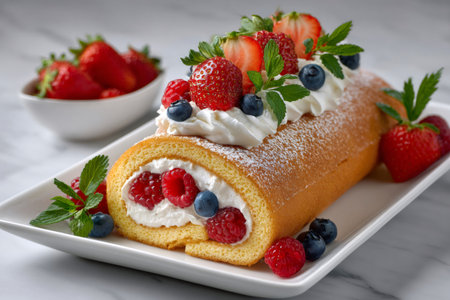 Dessert swiss roll garnished with fresh strawberries, blueberries, raspberries, and whipped creamの素材