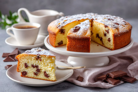 Vanilla cake slice with chocolate chips, powdered sugar, and coffee for a sweet breakfastの素材