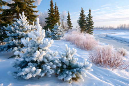 Winter scene showing snow-covered spruce trees, frosted bushes, and a partially frozen riverの素材