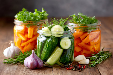 Cucumbers and carrots in jars with garlic, herbs, and spices on a rustic wooden tableの素材