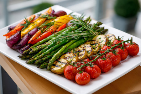 Colorful grilled vegetables, including asparagus, tomatoes, potatoes, onions, and carrots, cooking outdoorsの素材