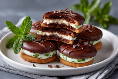 Stacked chocolate mint sandwich cookies with a refreshing creamy filling and fresh mint leavesの素材
