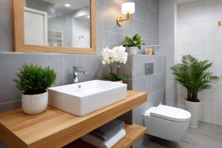 Modern bathroom interior design with a sink, mirror, toilet, plants, and tiled wallsの素材