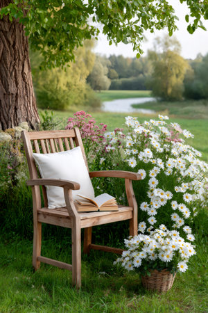 Wooden chair with open book and daisies by a flowing river, inviting peaceful outdoor relaxationの素材
