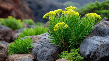 Green succulent plants with yellow flowers thriving on volcanic terrainの素材