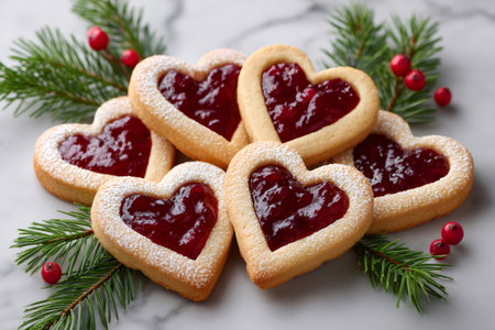 Heart linzer cookies with red jam, powdered sugar, and fir branches on a marble surfaceの素材