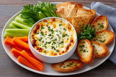 Creamy cheese dip garnished with parsley, served with fresh carrots, celery, crackers, and crostiniの素材