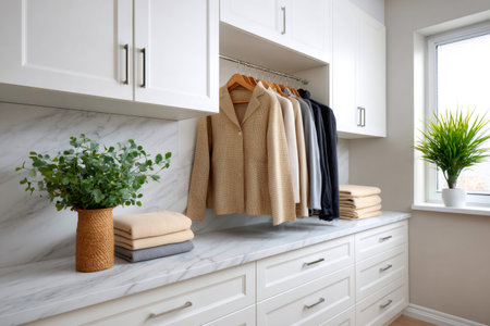 Organized white laundry room with clothes hanging and neatly folded by a windowの素材