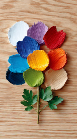 Colorful paint swatches and a green stem creating a flower on a wooden backgroundの素材