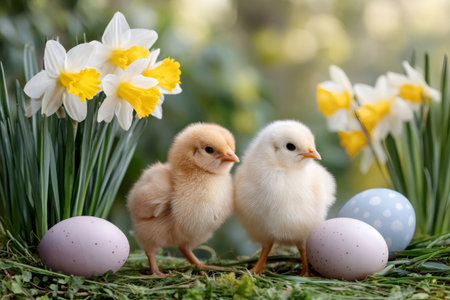 Two fluffy chicks with colorful Easter eggs and spring daffodils on green grassの素材