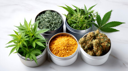 Various cannabis forms and products in small containers on a white marble backgroundの素材