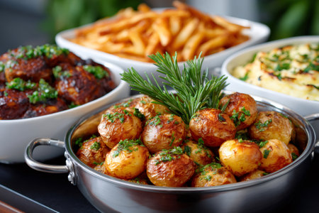 Bowls of roasted potatoes, barbecue chicken wings, french fries, and mashed potatoes prepared for dinnerの素材