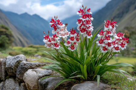 Orchids blooming against mountains and a historic stone wall in the Andesの素材