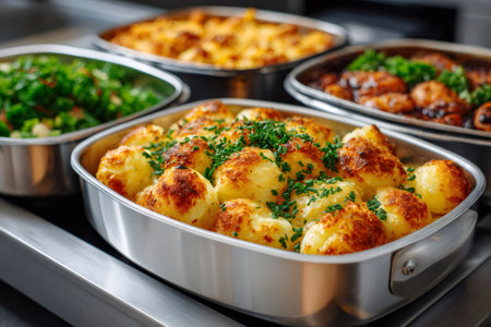 Roasted potatoes, vegetables, and other dishes prepared for a buffet mealの素材