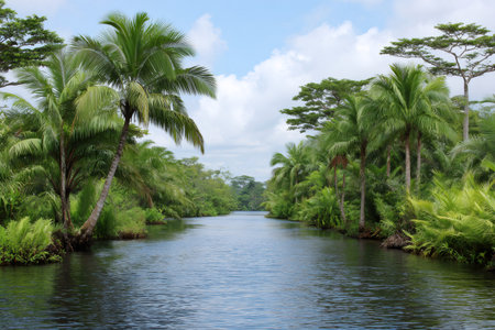 Lush green jungle vegetation defines a tropical river winding through a vibrant natural landscapeの素材