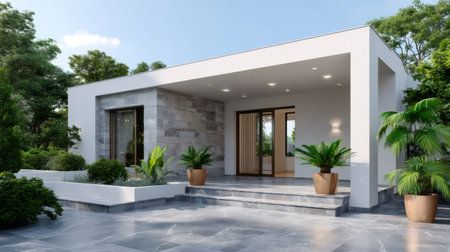 Contemporary white house with stone wall, large patio, and lush green garden landscapingの素材