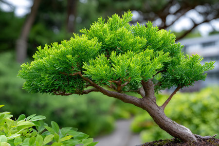 Green miniature bonsai creating tranquility in an outdoor garden settingの素材