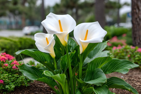 White calla lilies blooming with green leaves in a landscaped garden areaの素材