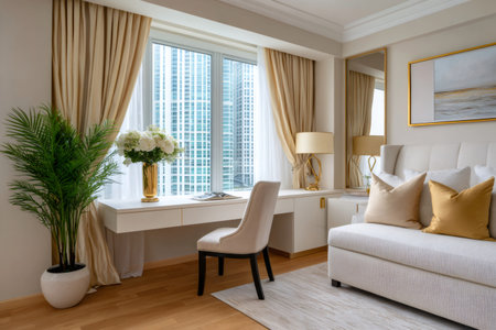 Elegant bedroom interior with a contemporary desk, city view, and sophisticated decorの素材
