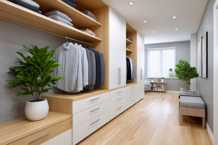Spacious walk-in closet featuring contemporary wooden and white cabinets with organized garmentsの素材