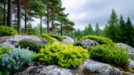 Green plants and shrubs growing on large rocks in a forest with pine and spruce treesの素材