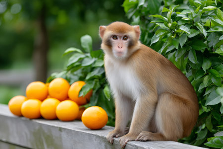 Rhesus macaque monkey sitting on a wooden fence with oranges and green leaves in the backgroundの素材